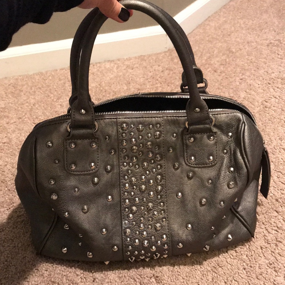 Metallic Grey bowler bag with spiked studs